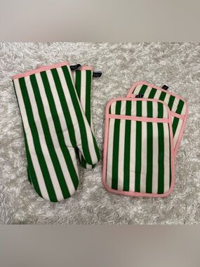 kate spade green, white & pink striped oven mitt and pot holder set